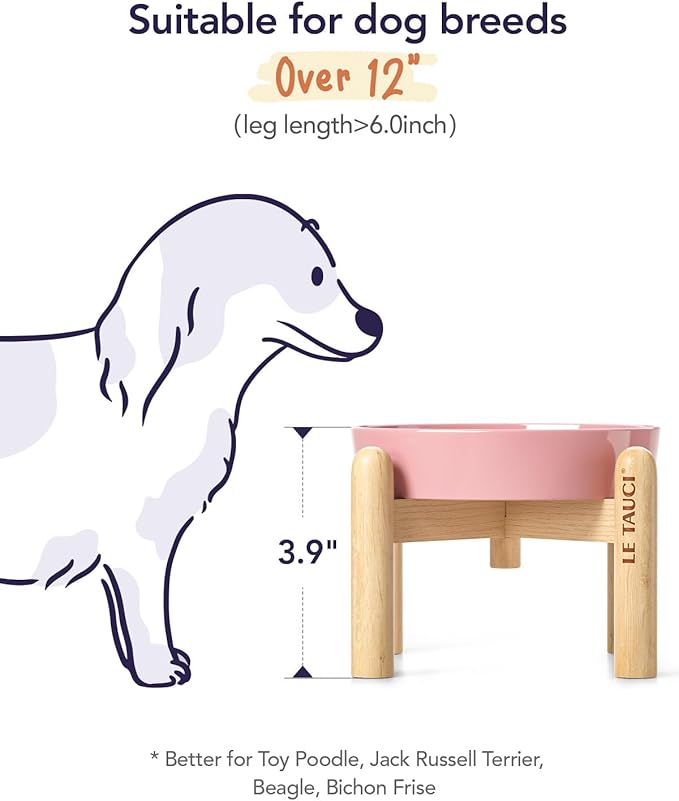LE TAUCI Ceramic Slow Feed Dog Bowls, Elevated for Small Breeds, Anti-Gulping, Non-Slip, 6 inch, Pink
