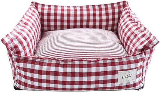 Original Rectangular Pet Bed Soft Cotton Dog Kennel with Non Slip Bottom, Removable Calming Sofa for Small Medium Dogs and Cats, Universal for All Seasons Red M