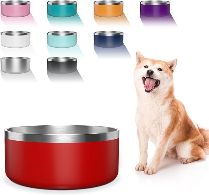 Dog Bowl, Stainless Steel Dog Food and Water Bowl with Non Slip Quiet Bottom, Easy to Clean, Dishwasher Safe, 64oz, Red