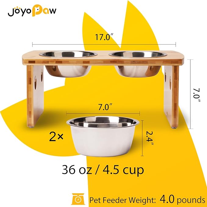 Elevated Dog Bowls, Bamboo Raised Dog Bowl for Medium Dogs, with 2 Stainless Steel Bowls (7'' Tall-40 oz Bowl, Natural)