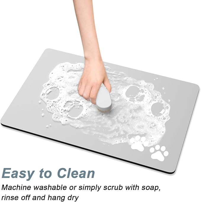 Rnivvi Dog Food Mat, 12" x 19" Footprint Absorbent Dog Cat Bowl Mat for Food and Water, Cute Anti-Slip Rubber Pet Feeding Rug Protect Floors, Puppy Placemat for Feeding & Watering Supplies, Gray