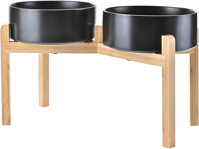 SPUNKYJUNKY Elevated Dog Bowls Ceramic, 8.3'' Dogs Food Water Bowls Raised with Non-Slip Bamboo Stand for Large Sized Breed Microwave Dishwasher Safe - 60 OZ,Black