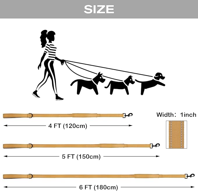 Joytale Dog Leash Heavy Duty for Large Dogs That Pull, Double Handle for Traffic Control, Double-Sided Reflective Leashes for Large Medium Dogs Night Safety, 4FT, Khaki