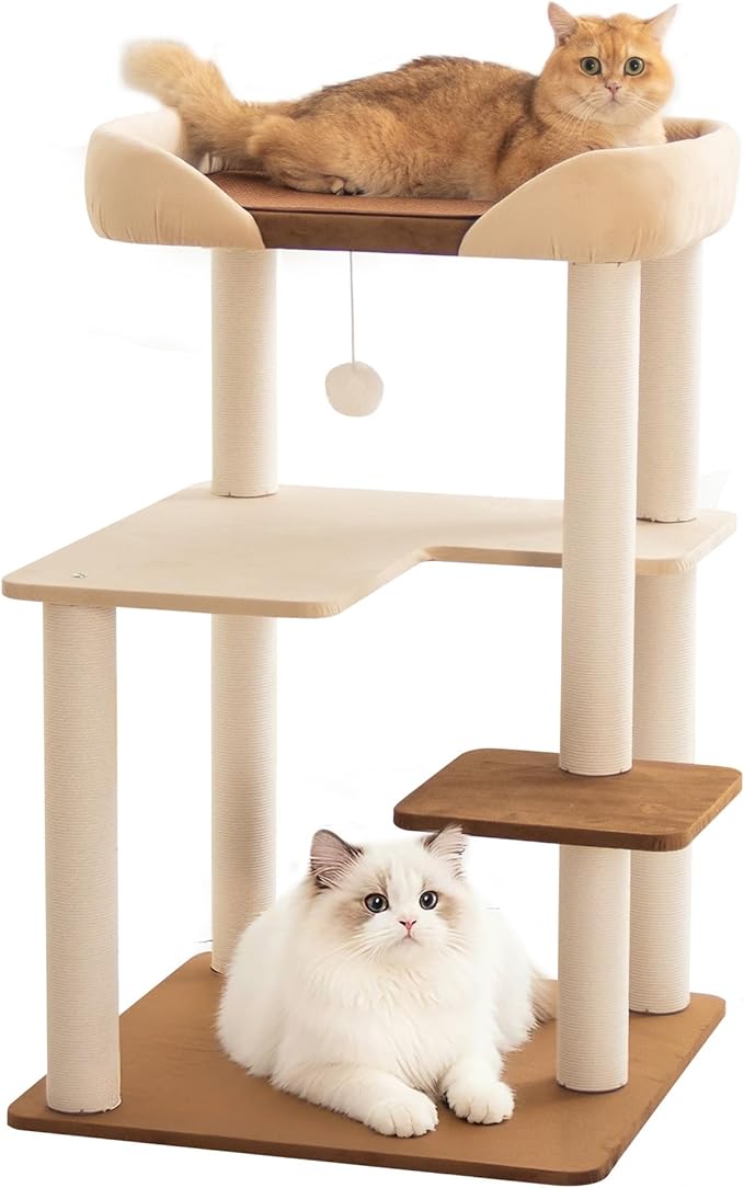 Cat Tree for Large Cats, Modern Senior Friendly Cat Tower with Wide Shelves, Cotton Scratching Posts, Super Sturdy Base, Cozy Perches, and Interactive Toys for Indoor Kittens, 37.4'' Cream.