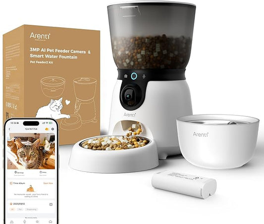 ARENTI Automatic Cat Feeder and Water Dispenser with Camera, 2K Adjustable View & Invisible Privacy Mode, 4.5L Cat Food Dispenser Fountain Combo, 5G/2.4G WiFi, 2-Way Audio, AI Alerts, Battery Backup