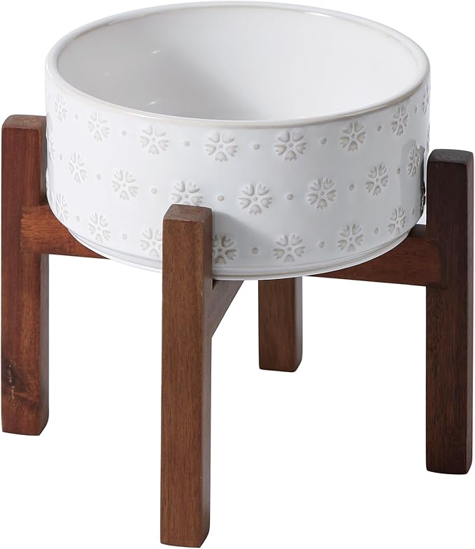 7.3inch Ceramic Raised Dog Bowl Set, Elevated with Acacia Wood Stand, Food and Water Bowl for Medium Breed Dogs, Weighted Dog Dishes, Pet Bowl(41OZ, Arctic White)