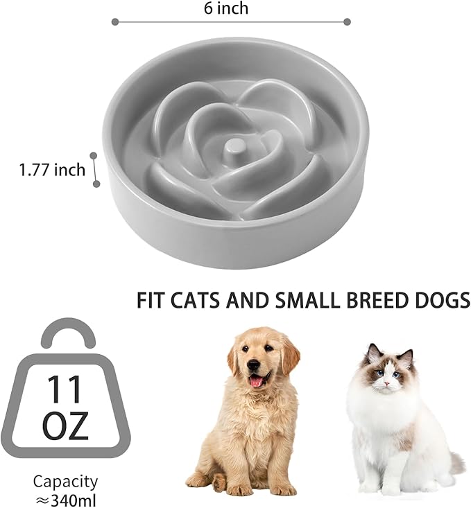 6'' Ceramic Slow Feeder Dog Bowls - Petal Shape Modern Dog Food Dish for Cats and Small Breed Dogs, Puzzle Maze Bowl to Slow Down Eating, Anti-Gulping, Dishwasher & Microwave Safe, Grey
