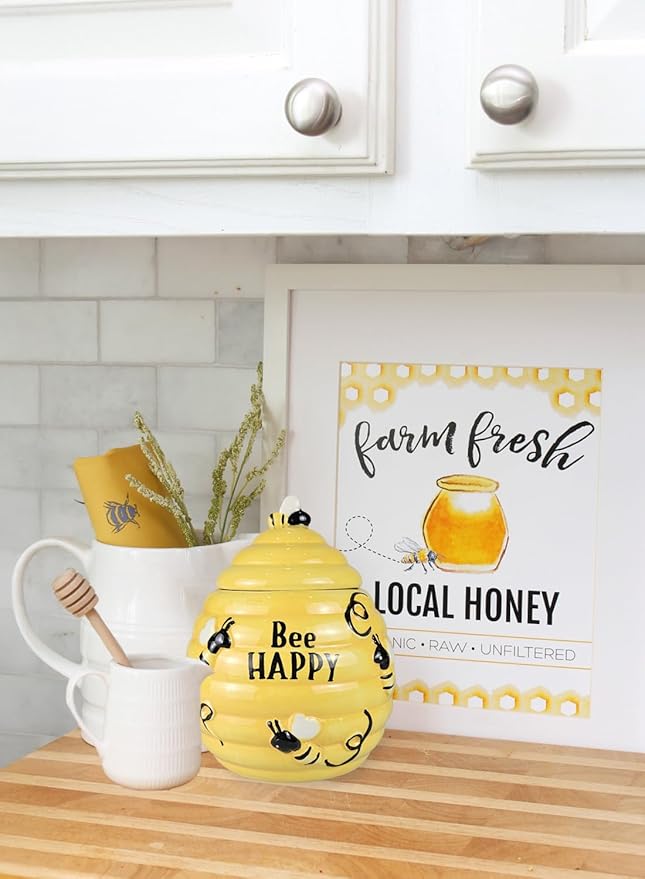 Hanna's Handiworks Bee Happy Honey Hive Mini Cookie Jar – Ceramic Bee Hive Pot Canister with Lid for Sweets & Treats, Tea, Desserts – Kitchen Countertop Decor for Parties at Home, Office, & School