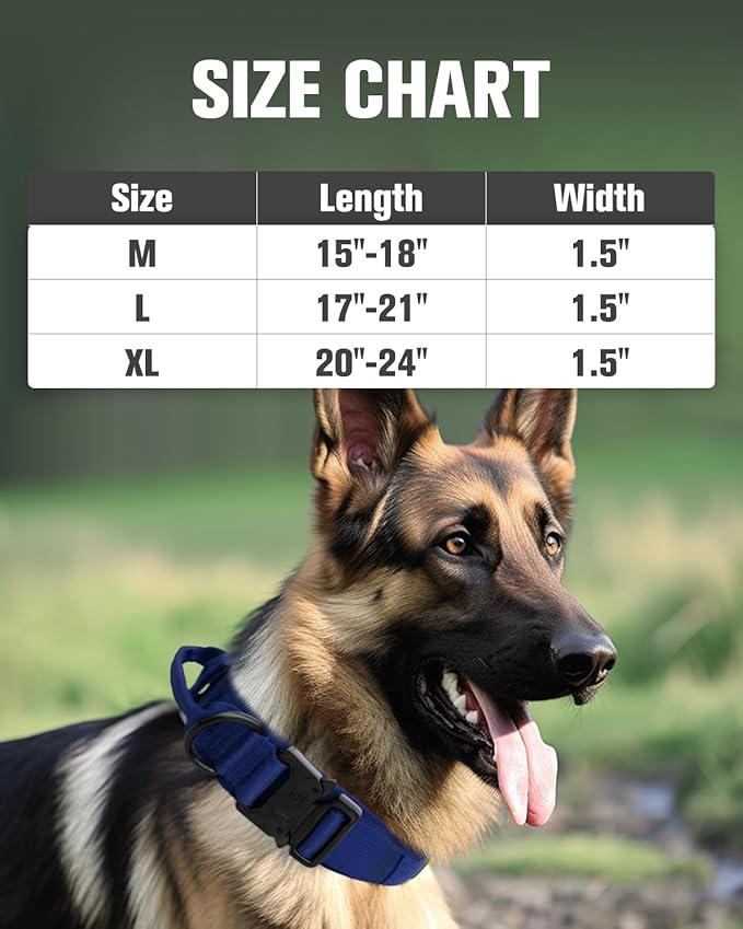 Joytale Tactical Dog Collar with Handle, Adjustable Heavy Duty Military Collar with 2 Patches for Training, Suitable for Medium Dogs, Navyblue, M