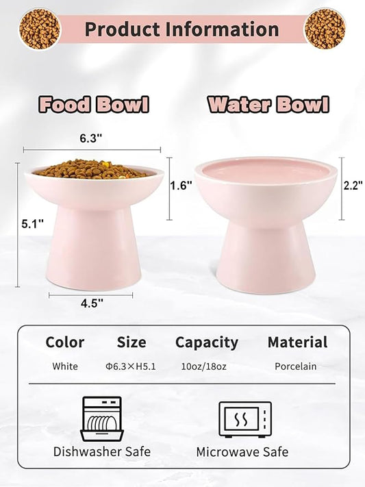 LoeJan Elevated Cat Food and Water Bowls Set, Pink - Raised Ceramic Anti-Vomit Whisker-Free Feeder for Kittens to Adult Cats