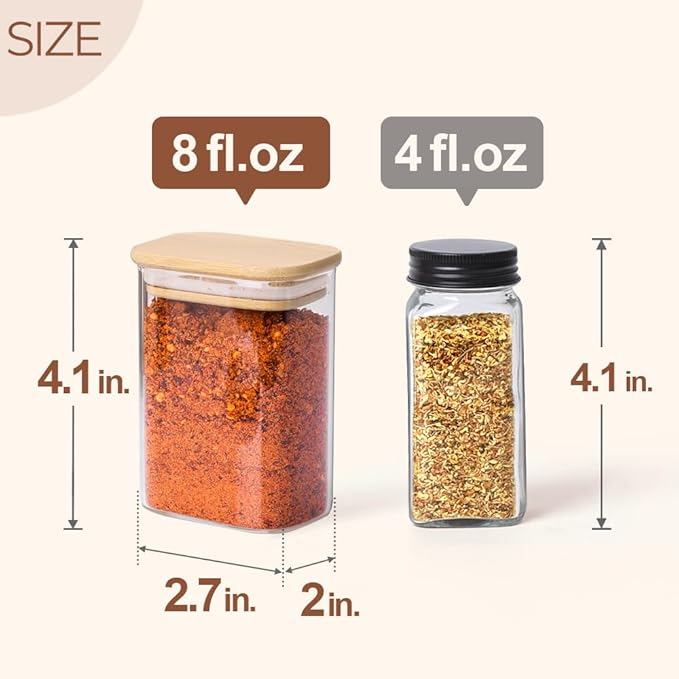 Comsaf Spice Jars with Label，8 oz Small Glass Jars with Lids, 6 Pcs Seasoning Containers, Rectangle Glass Containers with Lids, Empty Seasoning Jars for Pantry Storage, Loose Tea, Herbs, Powders, Salt