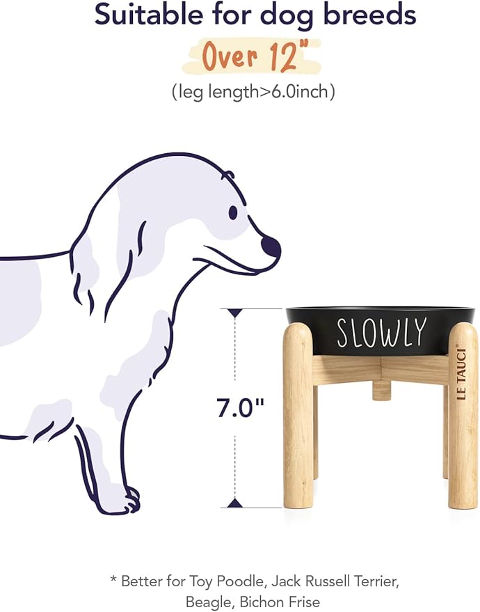 Ceramic Slow Feeder Bowl Elevated - 1.5 Cup with Wood Stand for Small & Medium Breed, Anti-Gulping, Black
