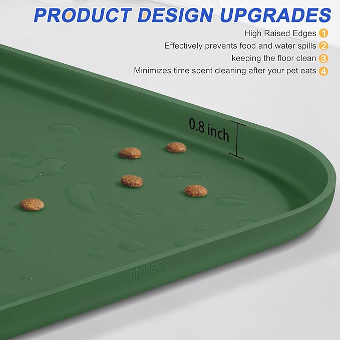 Silicone Pet Feeding Mat with Raised Edge for Food and Water, Dog Bowl Mats, Cat Bowls Placemat with High Lip for Floor Waterproof, Rubber Tray for Cats and Dogs 24 x 16 x0.8 Dark Olive
