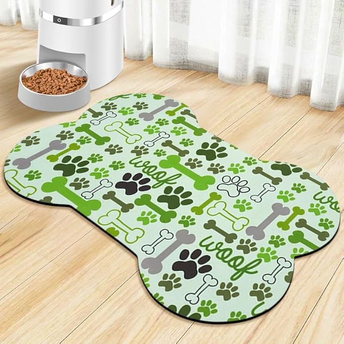 Dog Food Mats for Floors Waterproof, Pet Feeding Absorbent Water Bowl Mat Cat Placemats Green Bone Shape 25.5 * 17 inch