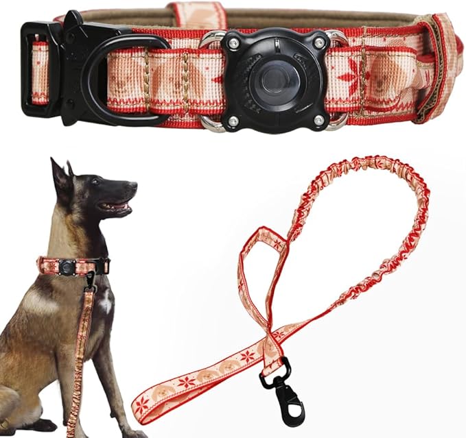 Christmas Tactical Dog Collar and Leash Set with Airtag Holder Waterproof Dog Airtag Collar with Handle Adjustable Heavy Duty Dog Collar Leash Set(Christmas Red，L