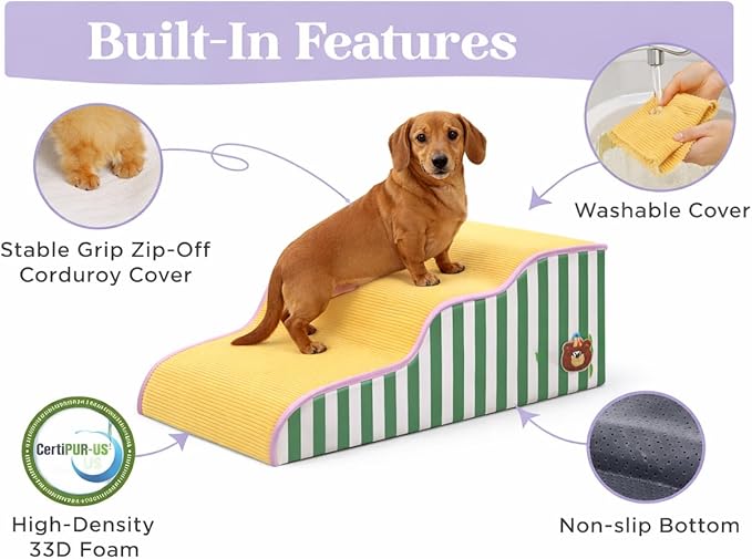 Dog Steps for Small Dogs, Dog Stairs for Bed, Curved Pet Stairs for Puppy and Cat, Doggie Ladder with Washable Cover, Pet Ramp for Sofa, Non-Slip Pet Stairs for Indoor Use(2 Step)