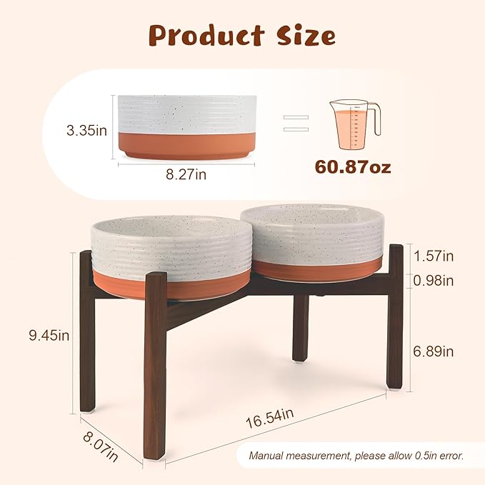 SPUNKYJUNKY Ceramic Elevated Dog Bowl Set with Acacia Wood Stand for Food and Water for Large Dog (60.87 OZ, White and Reddish Brown)