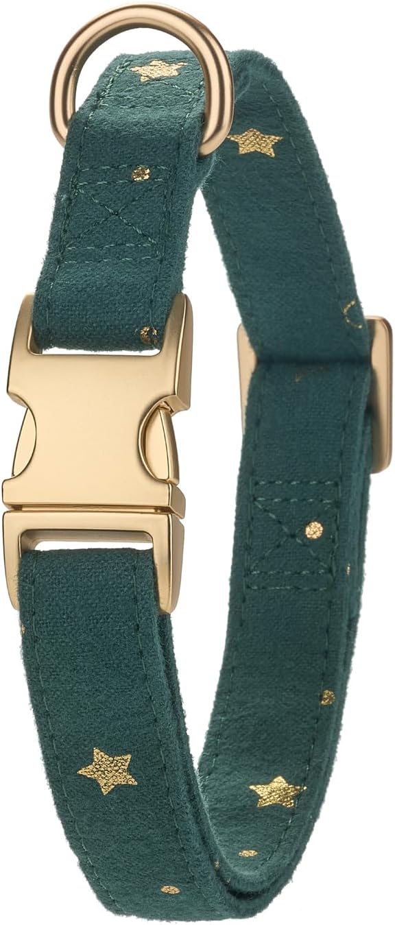 Cotton Fibric Dog Collar with High Grade Metal Buckle, for Small Dogs(Dark Green,Small:10-15")