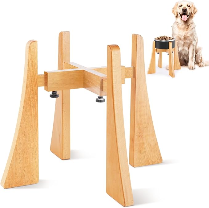 Beech Dog Bowl Stand for Medium Large Dogs,Elevated Dog Bowl Large Breed,Raised Bowl Stand，Adjustable Width for Different Bowls,Feeding Station with Non-Slip Feet (12-inch High)