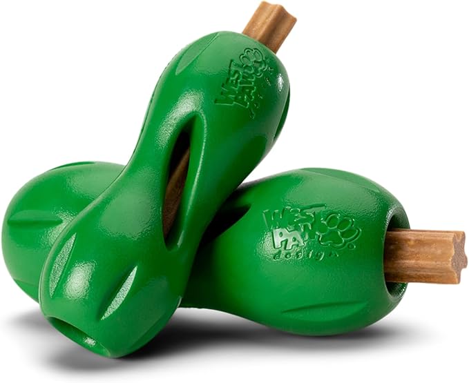 West Paw Qwizl Treat Dispensing Dog Toy for Tough Chewers- Durable Long Lasting Chew and Fetch Toy Keeps Dogs Engaged- Dishwasher Safe Safe Materials Made in USA - Clover Green, Small