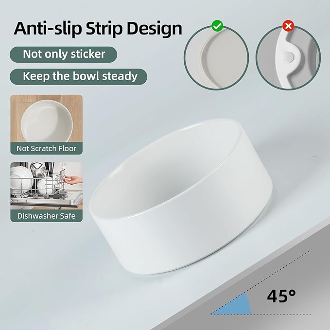 Ceramic Raised Double Bowls Set with Stand, Food & Water Bowls for Medium Breed Dogs, Weighted Dog Dishes, Pet Bowl(7.3'',41OZ, White)