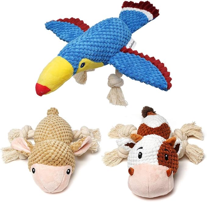 Dog Toys Set, Large Dogs Toy, Stuffed Animal Dog Chew Toy, Soft Plush Dogs Toys Pack for Small. Middle, Large Breed(3-Pack, Cow)