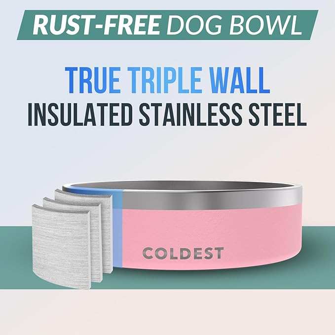 Coldest Dog Bowl - Anti Rust Metal, Non Slip, 3 Layers Insulated Stainless Steel Dog Bowls - Spill Proof & Heavy Duty - Water Bowl for Dogs, Cats & Pets, Dish Washer Safe (42 oz,Cotton Candy Pink)