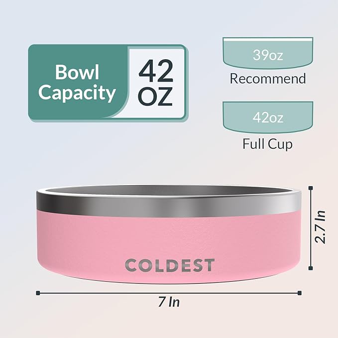Coldest Dog Bowl - Anti Rust Metal, Non Slip, 3 Layers Insulated Stainless Steel Dog Bowls - Spill Proof & Heavy Duty - Water Bowl for Dogs, Cats & Pets, Dish Washer Safe (42 oz,Cotton Candy Pink)