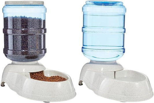 Amazon Basics Automatic Dog Cat Water Dispenser Gravity Feeder and Waterer Set, Large, 456.6fl.oz food feeder, 382.1fl.oz water dispenser, Gray