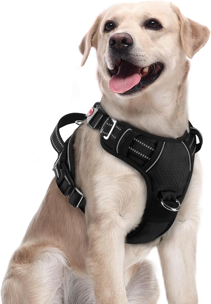 rabbitgoo Dog Harness Medium Sized, No Pull Dog Vest with 3 Buckles, Adjustable Soft Padded Pet Harness with Easy Control Handle and Reflective Strips, Black, M