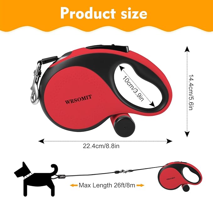 Retractable Dog Leash with Chew Proof Cable, 26Ft Heavy Duty Dog Leash for Medium Large Dogs up to 110lbs, 360째 No Tangle, One-Handed Brake (Red)