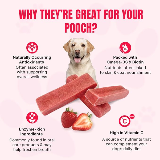 Tibetan Dog Chew Yak Cheese Sticks (3 Large Chews) Strawberry Flavored - Handmade Treats for Large Dogs, Long-Lasting, Easy to Digest, Grain-Free, Gluten-Free, for Aggressive Chewers
