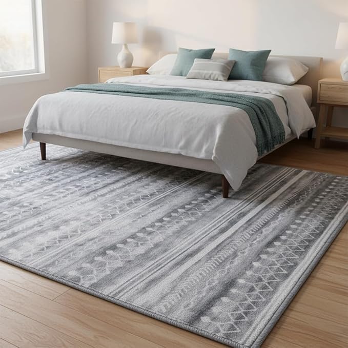 Muddy Mat짰 Greyline 5ft x 7ft Washable Area Rugs for Living Room, Bedroom & Dining Room ??Modern Soft Low Pile Non Slip Carpet ??Pet Friendly Waterproof Foldable Rugs for Home