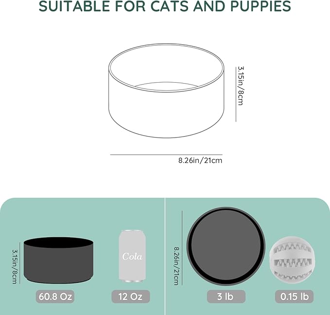 SPUNKYJUNKY 60OZ Ceramic Dog and Cat Bowl, Modern Cute Weighted Food Water Bowl for Replacement Black (2 Pack)
