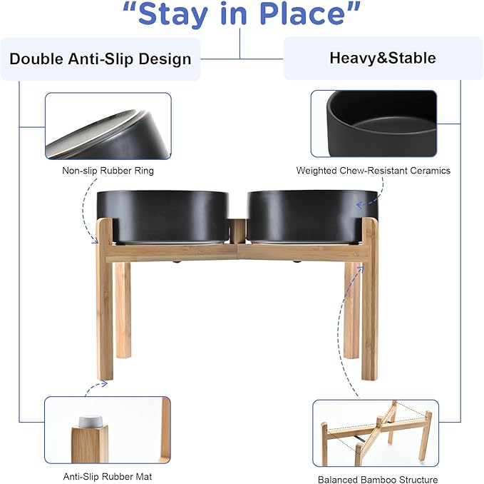 SPUNKYJUNKY Elevated Dog Bowls Ceramic, 8.3'' Dogs Food Water Bowls Raised with Non-Slip Bamboo Stand for Large Sized Breed Microwave Dishwasher Safe - 60 OZ,Black