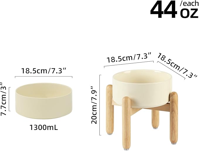 Ceramic 7.3inch Raised Dog Bowl Set, Elevated with Wooden Stand, Food and Water Bowl for Medium Breed Dogs, Weighted Dog Dishes, Pet Feeder(Beige)