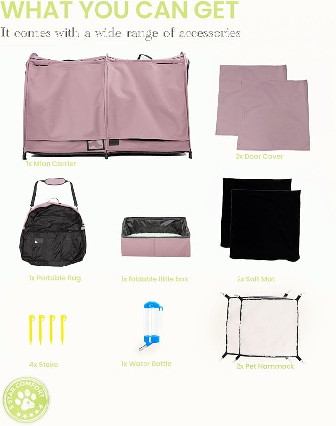 Portable Twin Compartment Show House Cat Cage Condo,Comfy Puppy Home Dog Travel Crate with Carry Bag/2 Hammocks/Mats & Collapsible Litter Box and Water Bottle