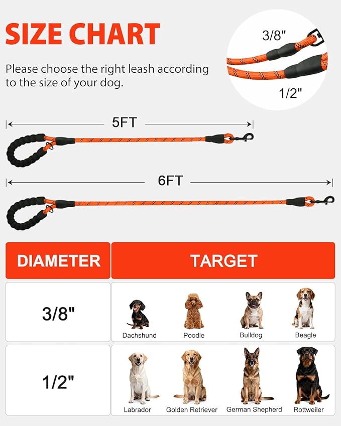 Joytale Dog Leash for Large Dogs, Heavy Duty Nylon Leashes with Comfortable Padded Handle and Highly Reflective Threads, Ideal for Walking and Training, Orange, 5'횞1/2''