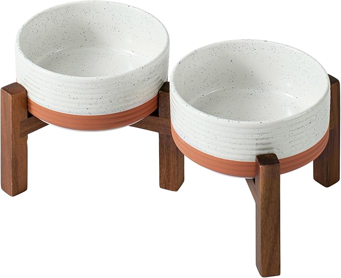 Ceramic 6.1inch Raised Double Dog Bowls Set with Acacia Wood Stand, 2 Heights Elevated, Food & Water Bowls for Small Dogs(28.2oz, Vanilla White)