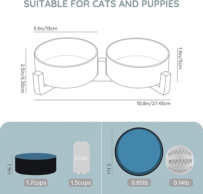 SPUNKYJUNKY Ceramic Dog and Cat Bowl Set with Wooden Stand, Modern Cute Weighted Food Water Set for Small Size Dogs (13.5OZ) & Medium Sized Dogs (28.7OZ) & Cats (1.7 Cups, 2 × Starry Blue)