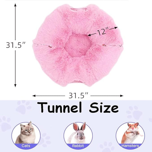 Cat Bed Tunnel Tube Toy Pink Plush Round, Collapsible Pet Tunnels for Indoor Cats, Interactive Toys Play Tubes with Hanging Ball for Kitty, Puppy, Rabbit for Fun Playtime & Exercise