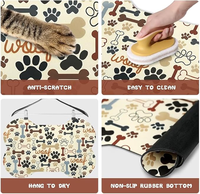 Dog Food Mats for Floors Waterproof, Pet Feeding Absorbent Water Bowl Mat Cat Placemats Beige Bone Shape 23.6 * 15.7 inch