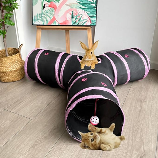 Cat Tunnel Tube Toy Collapsible 3 Way Black with Pink Paws, Pet Tunnels for Indoor Cats, Play Tubes with Hanging ball for Kitten, Puppy, Rabbit, Interactive Toys for Fun Playtime & Exercise