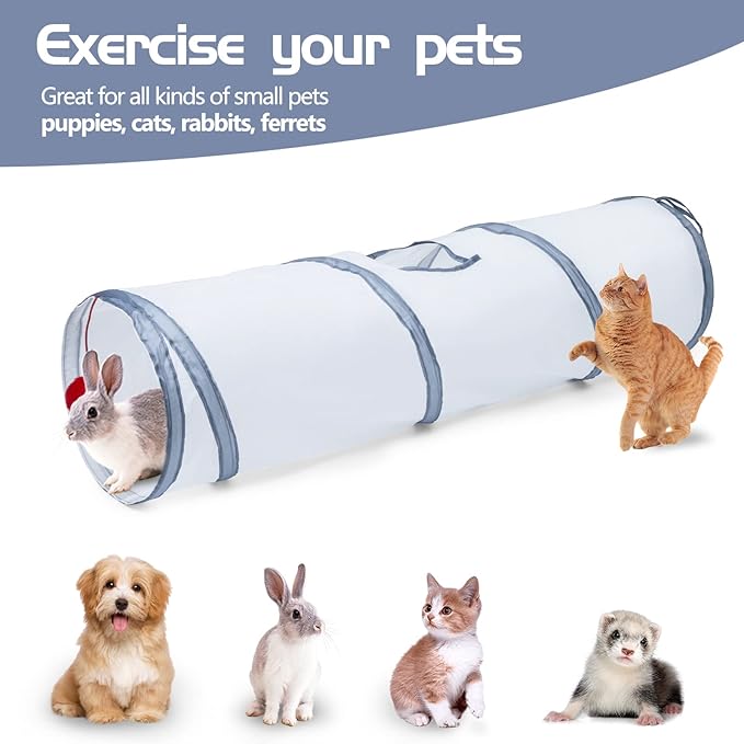 Sheldamy Cat Tunnel, 2-Way Cat Tunnels for Indoor Cats, Collapsible Cat Play Tunnel, Interactive Toy Maze Cat House with 1 Play Ball for Cats, Puppy, Kitty, Kitten, Rabbit (White & Grey)