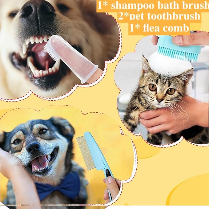 7pcs Pet Grooming Kit, Self-Cleaning Brush Shedding Kit with Nail Clipper, Flea Comb, Shampoo Bath Brush, Finger Toothbrush, Storage Bag (Blue)