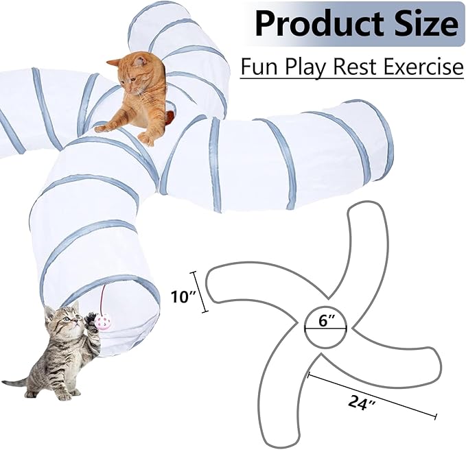EGETOTA Cat Tunnel for Indoor Cats Large, with Play Ball S-Shape 4 Way Collapsible Interactive Peek Hole Pet Tube Toys, Puppy, Kitty, Kitten, Rabbit (S4 - White & Grey)