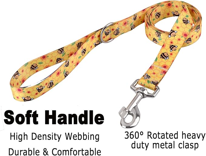Dog Collar and Leash Set with Bohemia Floral Tribal Geometric Patterns - Soft Ethnic Style Collar Adjustable for Small Medium Large Dogs(Bee Set,L)