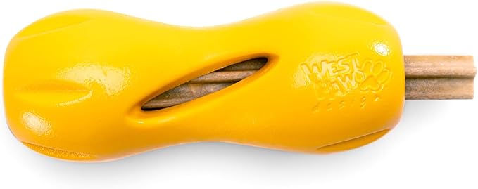 West Paw Qwizl Treat Dispensing Dog Toy for Tough Chewers- Durable Long Lasting Chew and Fetch Toy Keeps Dogs Engaged- Dishwasher Safe Safe Materials Made in USA - Sunflower Yellow, Small
