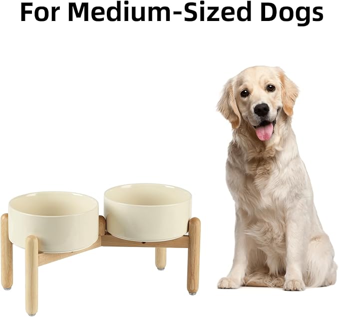Ceramic 7.3inch Raised Double Bowls Set with Wooden Stand, Food & Water Bowls for Medium Breed Dogs, Weighted Dog Dishes, Pet Feeder(Beige)