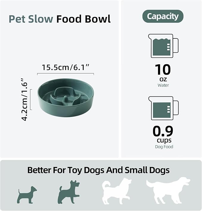 Ceramic 0.9 Cup Dog Bowl Slow Feeder for Small Dog, 6.1inch Pet Slow Feeder, Wet and Dry Food Dish, Stop Bloat, Preventing Choking(Single Bowl-Dark Green)